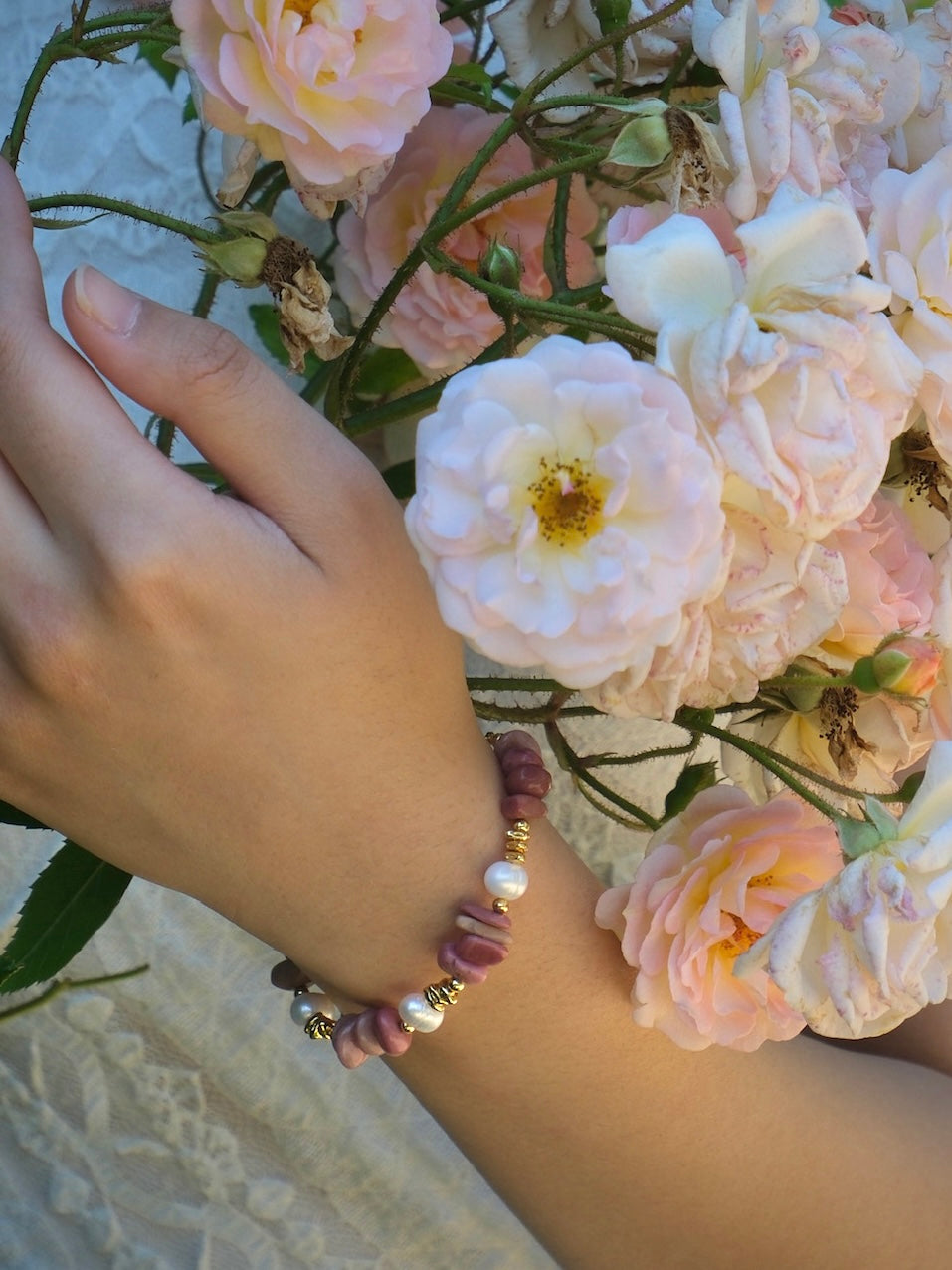 Floraison Bracelet - Rhodochrosite & Freshwater Pearl