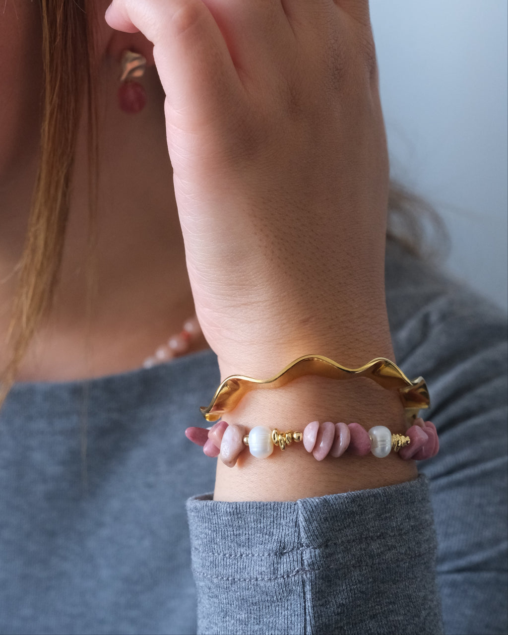 Floraison Bracelet - Rhodochrosite & Freshwater Pearl